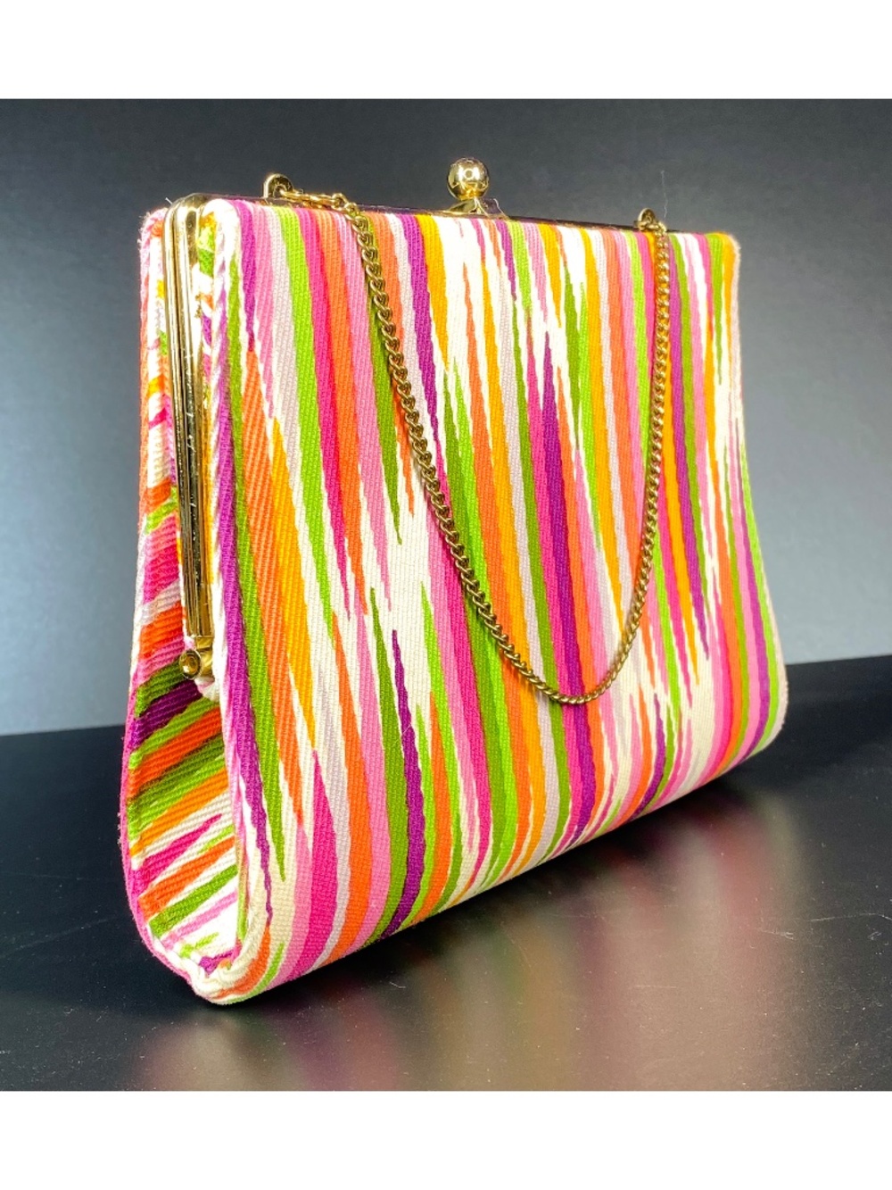 Vintage 80s Colorful Fabric Handbag Pink Purple Green Orange Yellow Cream